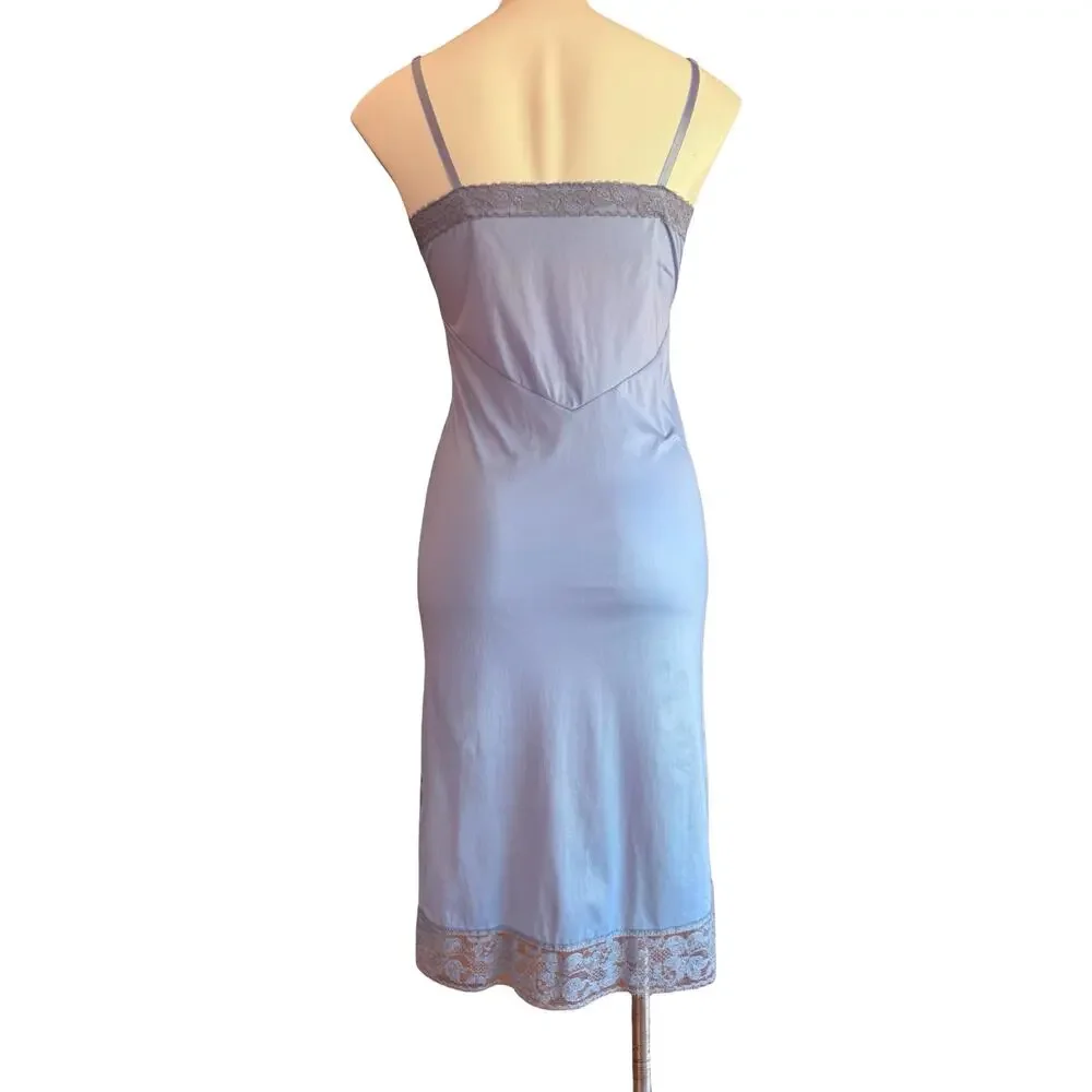 Vintage 60s Van Raalte Periwinkle Blue Nylon Slip Lace Applique Side Slit Sz 32